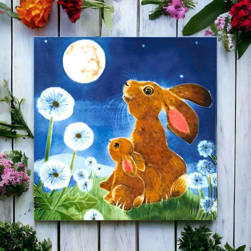 Captivating Moonbathing Hare Ceramic Tile by Judith Yates Moonlit Meadow Scene-OsirisTradingUK