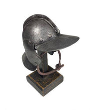 Load image into Gallery viewer, Miniature Knight Helmet on Wooden Stand | Metal Armor Decor 11 cm
