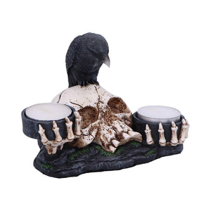 Gothic Skull Candle Holder with Raven - Dark Home Decor Ornament 15cm