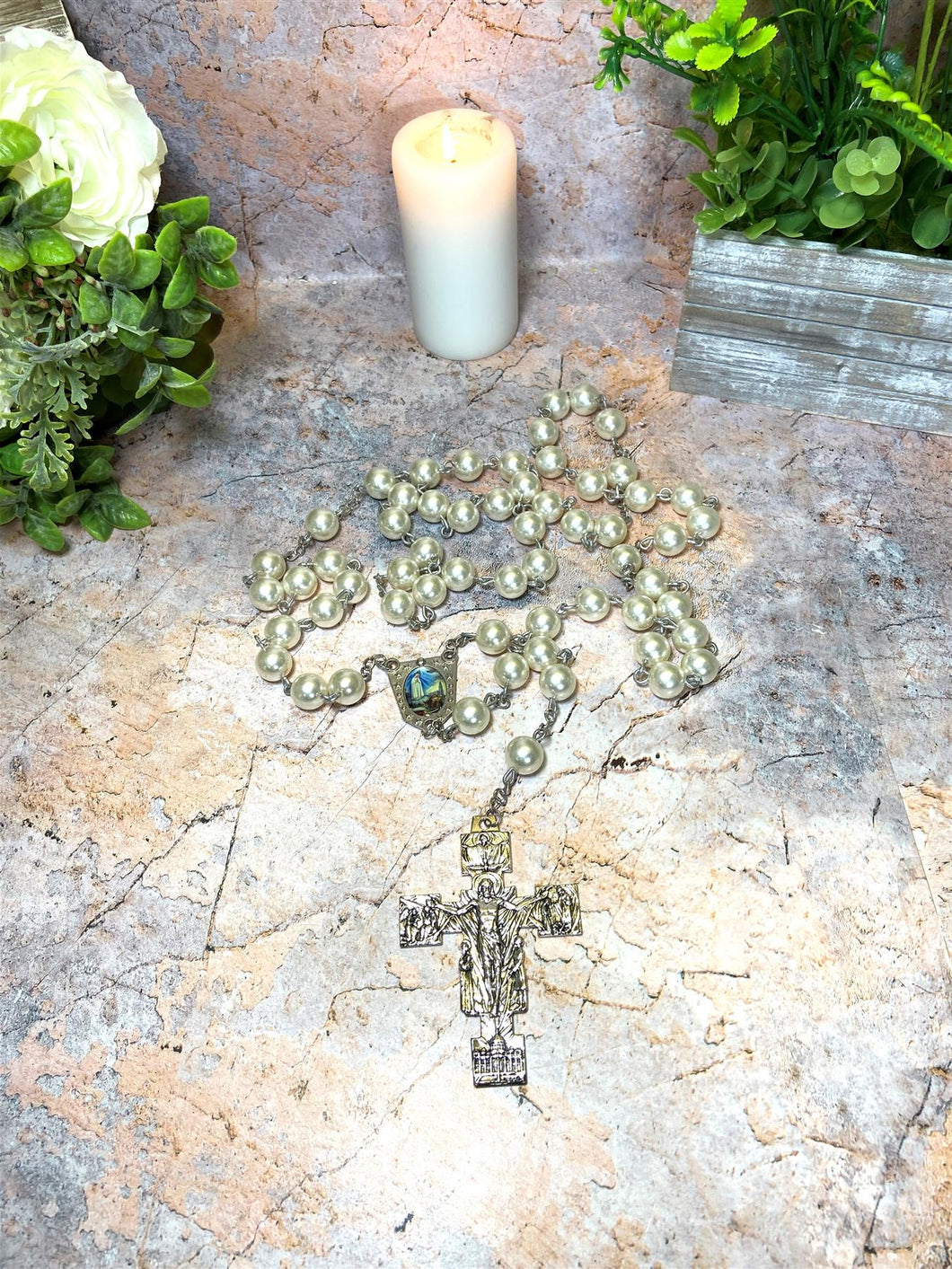 Pearl-Like Beads Prayer Rosary Fatima Medal Jesus Christ Cross Spiritual Devotion, Religious Jewelry-OsirisTradingUK