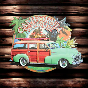 Vintage California Woodie Metal Wall Sign, Classic Surf Wagon Art, Retro Beach Decor, Vibrant Surfboard Design, Nostalgic Wall Hanging