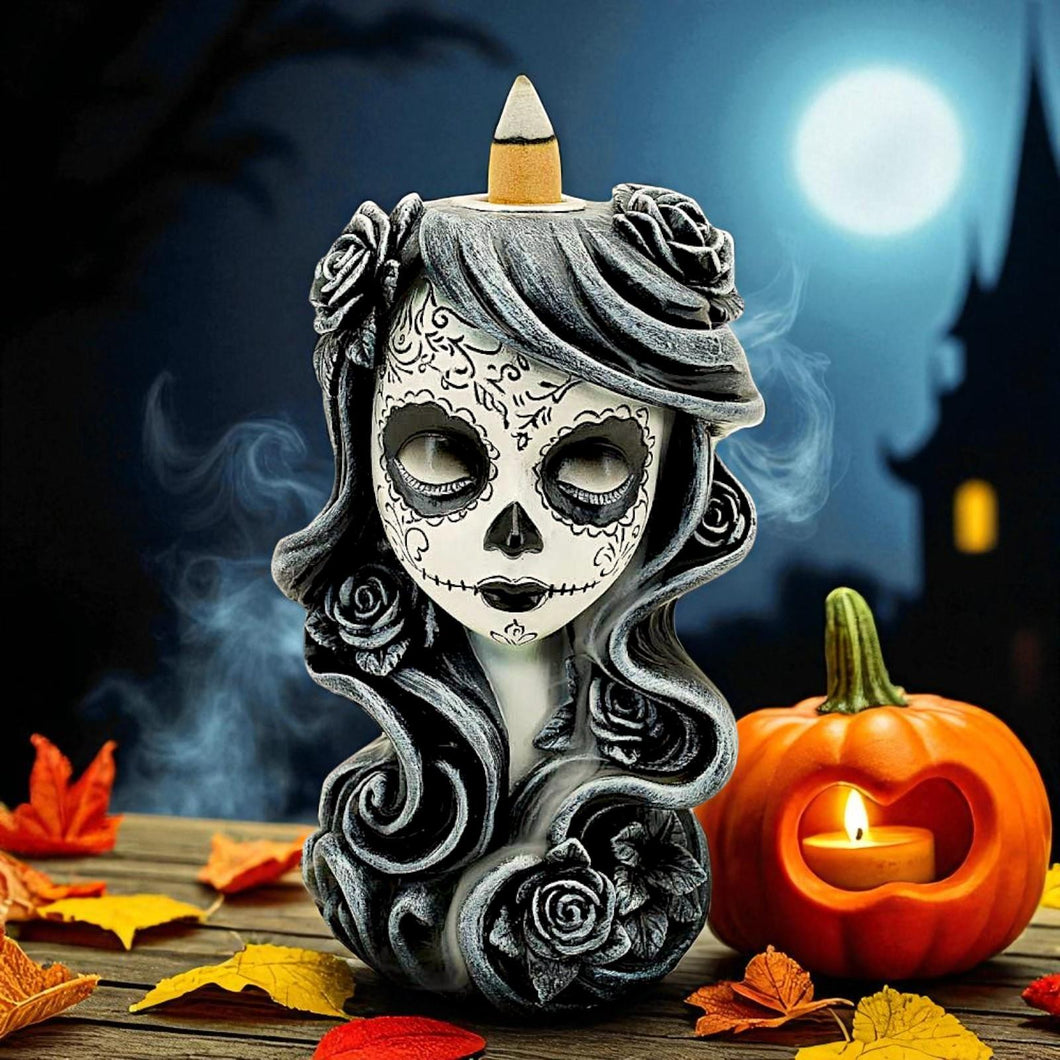 Gothic Backflow Incense Burner Day of the Dead Lady Skull Holder Halloween Art