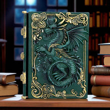Load image into Gallery viewer, Fantasy Dragon Grimoire Gothic Spell Book Journal with Green Sculpted Cover
