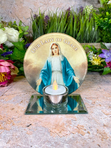 Sacred Our Lady of Grace Glass Candle Holder, Religious Votive Stand, Spiritual Table Decor, Christian Prayer Altar, Blessed Virgin Mary-OsirisTradingUK