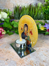 Load image into Gallery viewer, Our Lady of Perpetual Help Glass Candle Holder, Handmade Religious Votive, Christian Iconic Illumination, Spiritual Tabletop Decor-OsirisTradingUK
