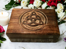 Load image into Gallery viewer, Celtic Style Wooden Triquetra Tarot Cards Box Wiccan Pagan Decor
