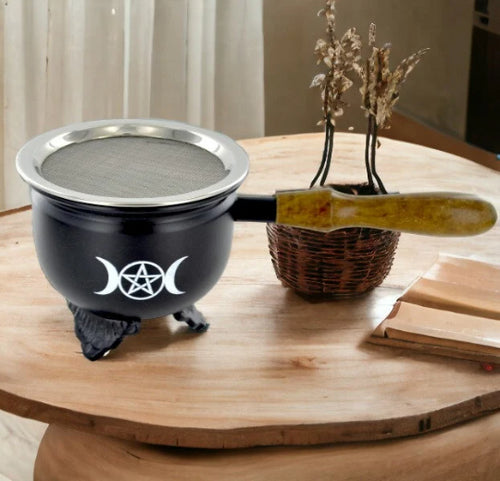 Triple Moon Incense Burner with Wooden Handle | Artisanal Wood & Metal Incense Holder for Spiritual Practice-OsirisTradingUK