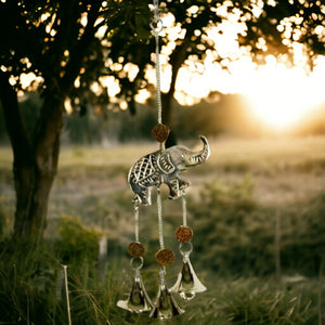 Ethnic Elephant Wind Chime | Spiritual Rudraksha Beads | Meditation Garden | Harmonious Bells | Cultural Home Accent | Feng Shui Balancing-OsirisTradingUK