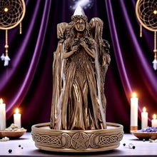 Load image into Gallery viewer, Celtic Triple Goddess Statue Incense Burner Pagan Altar Decor Smoke Cone Holder
