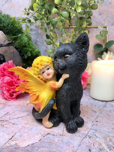 Adorable Fairy with Black Cat Companion Sculpture Figurine Fantasy Fairies Statue-OsirisTradingUK