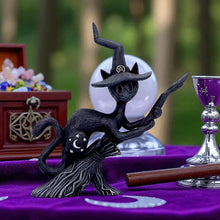 Load image into Gallery viewer, Bewitch Spell Cat Figurine Flying Wiccan kitty Broomstick Fantasy Halloween Altar
