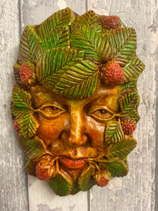 Strawberry Green Man Plaque | Green Goddess | Garden Wall Ornament | Mystic Pagan Decor | 18x12cm-OsirisTradingUK