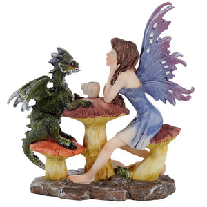 Mystical Fairy and Dragon Statue - Fantasy Toadstool Decor Ornament 16cm