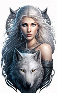 Mystic Wolf & Moonlit Maiden Metal Sign - 31 x 48 cm Celestial Fantasy Wall Art - Enchanting Silver Wolf and Woman Decor