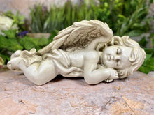 Load image into Gallery viewer, Sleeping Cherub Resin Statue, Angelic Memorial Sculpture, Peaceful Grave Decoration, Garden Angel, Serene Cemetery Art
