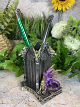 Load image into Gallery viewer, Fabulous Purple Dragon Pen Pot Handcrafted Resin 11 cm Tall Fantasy Office
