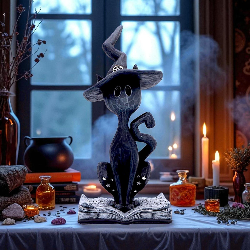 Mystical Gothic Black Cat Figurine on Open Spell Book Wiccan Altar Decor