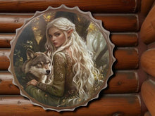Load image into Gallery viewer, Fantasy Elf and Wolf Metal Wall Plaque Magical Woodland Decorative Sign Art 40 cm
