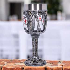 Valiant Knight Chalice - Medieval Resin Goblet with Stainless Steel Insert, Templar Cross Decor