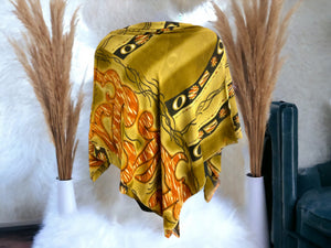 Exotic Golden Rayon Scarf | African-Inspired Print | Luxurious & Soft Accessory | 100x100cm | Versatile Statement Piece for Every Wardrobe