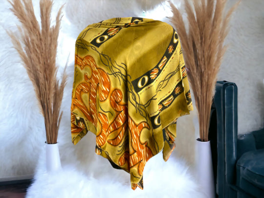Exotic Golden Rayon Scarf | African-Inspired Print | Luxurious & Soft Accessory | 100x100cm | Versatile Statement Piece for Every Wardrobe