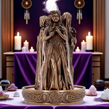 Load image into Gallery viewer, Celtic Triple Goddess Statue Incense Burner Pagan Altar Decor Smoke Cone Holder
