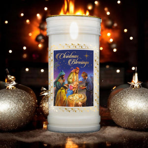 Christmas Blessings Nativity Pillar Candle with Gold Foil – 14x6cm Christmas Decor, Festive Holy Family Scene Candlelight, Religious Holiday Ornament