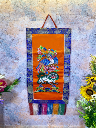 Tibetan Four Dignities Embroidered Banner, Brocade Silk & Polyester Wall Hanging, Traditional Spiritual Decor, 31x68cm-OsirisTradingUK
