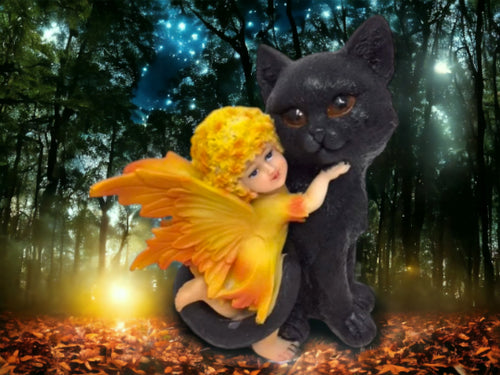 Adorable Fairy with Black Cat Companion Sculpture Figurine Fantasy Fairies Statue-OsirisTradingUK