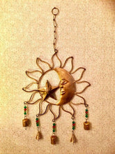 Load image into Gallery viewer, Celestial Harmony Metal Sun and Moon Wall Hanging with Cascading Bells - Artisanal Cosmic Decor with Beaded Accents for Home and Garden-OsirisTradingUK
