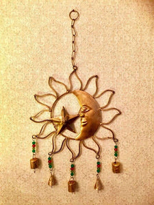 Celestial Harmony Metal Sun and Moon Wall Hanging with Cascading Bells - Artisanal Cosmic Decor with Beaded Accents for Home and Garden-OsirisTradingUK