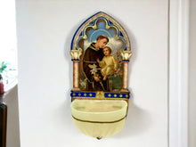Load image into Gallery viewer, St. Anthony &amp; Child Wall Water Font – Vintage Plastic Holy Water Holder with Gold Foil Accents, Spiritual Home Decor
