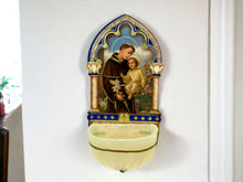 Load image into Gallery viewer, St. Anthony &amp; Child Wall Water Font – Vintage Plastic Holy Water Holder with Gold Foil Accents, Spiritual Home Decor-OsirisTradingUK
