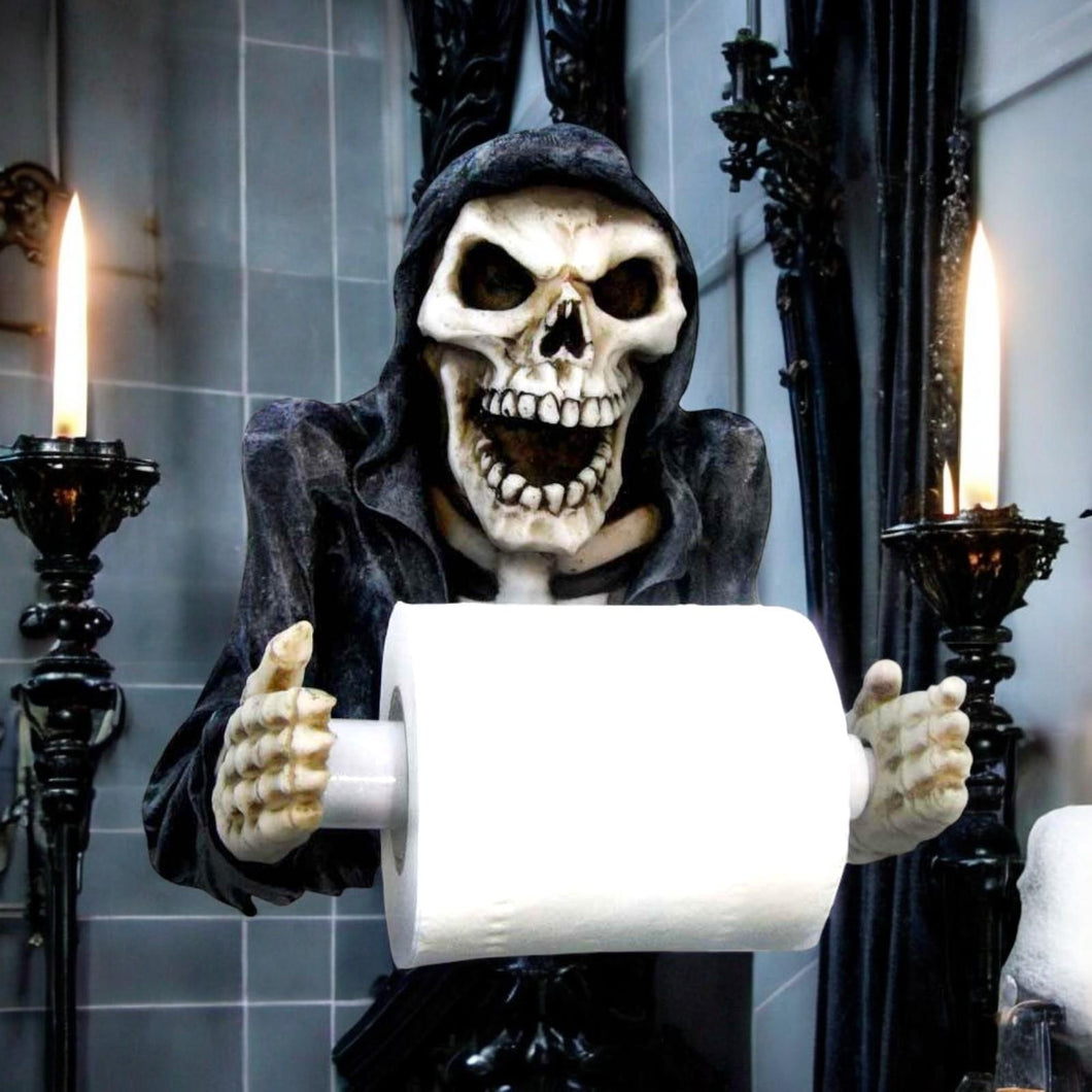 Gothic Skeleton Reaper Toilet Roll Holder Grim Bathroom Decor Unique Halloween Accessory