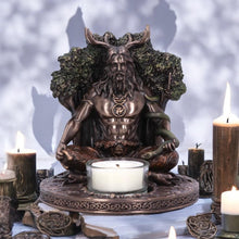 Laden Sie das Bild in den Galerie-Viewer, Cernunnos Celtic God Bronze Tealight Holder | Pagan Decor | Handcrafted Resin 13.5cm
