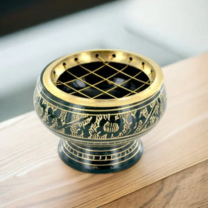 Hand-Engraved Green Resin Incense Burner | Metal Handcrafted with Artisan Detail | Spiritual Aromatherapy Essential-OsirisTradingUK