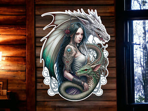 Mystical Maiden and Dragon Companions Metal Sign Wall Art – Enchanted Fantasy-Inspired Decor for Home or Office-OsirisTradingUK