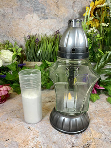 Handmade Glass Grave Candle Holder with Cross Design, Eternal Light Memorial, Spiritual Cemetery Decor, Sacral Vigil Light