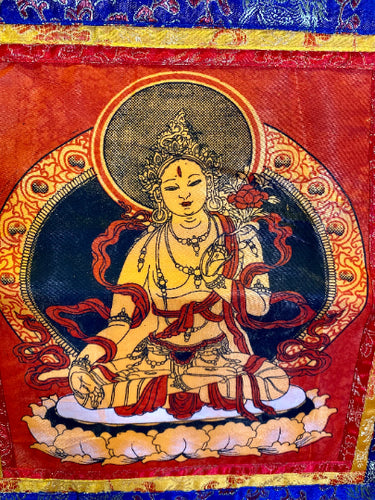 Tibetan Tara Brocade Thangka with Fringes, Traditional Spiritual Art, Meditation Decor, Handcrafted Wall Hanging, 40x28cm-OsirisTradingUK