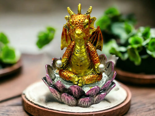 Golden Dragon Lotus Throne Figurine - Mystical Resin Dragon Statue for Home Decor and Enchantment, 10cm-OsirisTradingUK