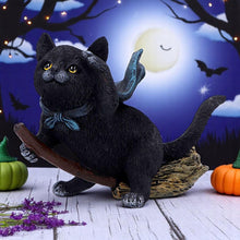 Load image into Gallery viewer, Witchcraft Cat Flying on Broom Gothic Familiar Figurine Wiccan Witch Art Decor
