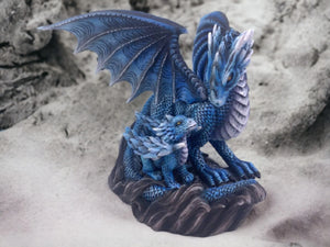 Guardian Azure Dragon & Hatchling Figurine, Mythical Sapphire Dragon Statue, Enchanting Fantasy Creature Ornament, Magic Dragon Decor