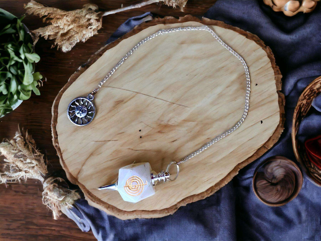 Cho Ku Rei White Agate Pendulum with Sun Charm - Energy Healing Dowsing Tool, Spiritual Balancing Chain Pendant, Reiki Charged Divination-OsirisTradingUK