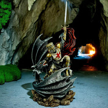 Load image into Gallery viewer, Crusader Knight Slaying Dragon Sculpture Gothic Fantasy Medieval Templar Figurine

