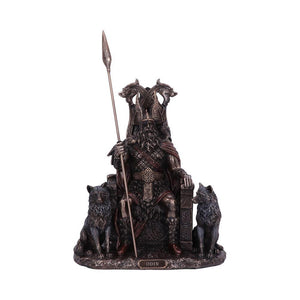 Bronze Odin All Father Figurine | Norse Mythology Statue with Wolves and Throne 22cm