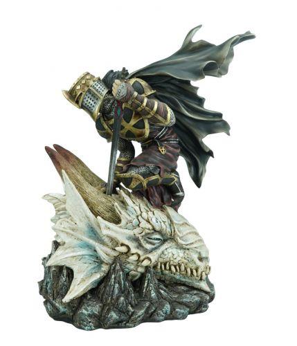 Kneeling Templar Knight on Dragon Skull Figurine Gothic Statue Medieval Collectible