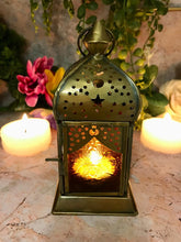Load image into Gallery viewer, Moroccan Style Brass Lantern Antique Multicoloured Glass Tea Light Candle Holder Home Decoration
