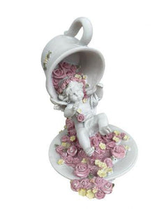 Cherub Angel with Flower Cup Figurine | 17.7cm Resin Angel Decor | Whimsical Floating Teacup Angel Statue