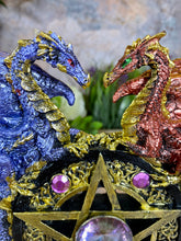 Load image into Gallery viewer, Dual Dragons on Pentagram Stand | Mystical Blue &amp; Red Guardians | Celtic-Inspired Decor | Gem-Embellished Talisman-OsirisTradingUK
