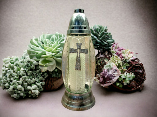 Elegant Memorial Cross Candle Holder, 24cm – Spiritual Grave Decor with Supplied Candle, Peaceful Reflection and Remembrance-OsirisTradingUK